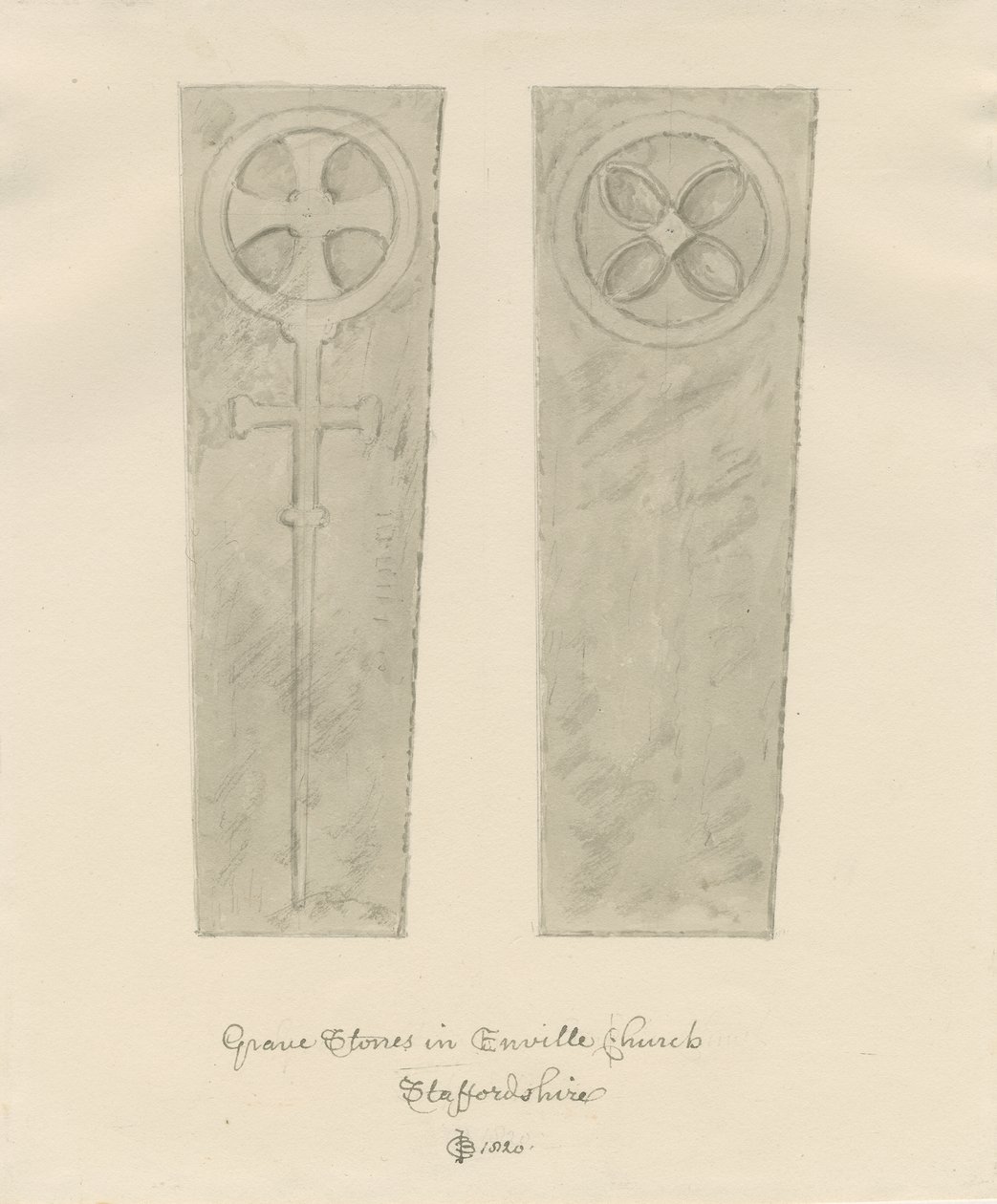 Enville Kerk - Grafstenen: sepia tekening door John Chessell Buckler