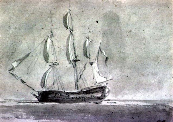 Een schip onder zeil door John Constable