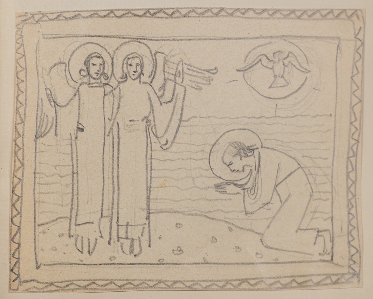 Zonder titel [Knielende figuur en twee engelen] door John Duncan