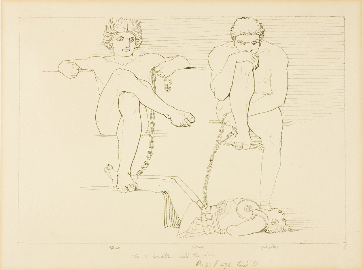 Othus en Ephialtes houden Ares gevangen door John Flaxman