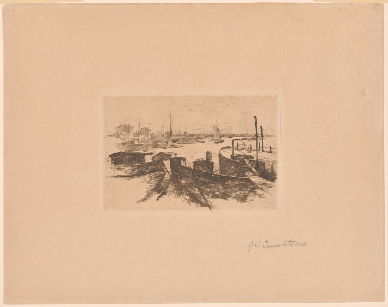 Haven met binnenvaartschepen door John Henry Twachtman