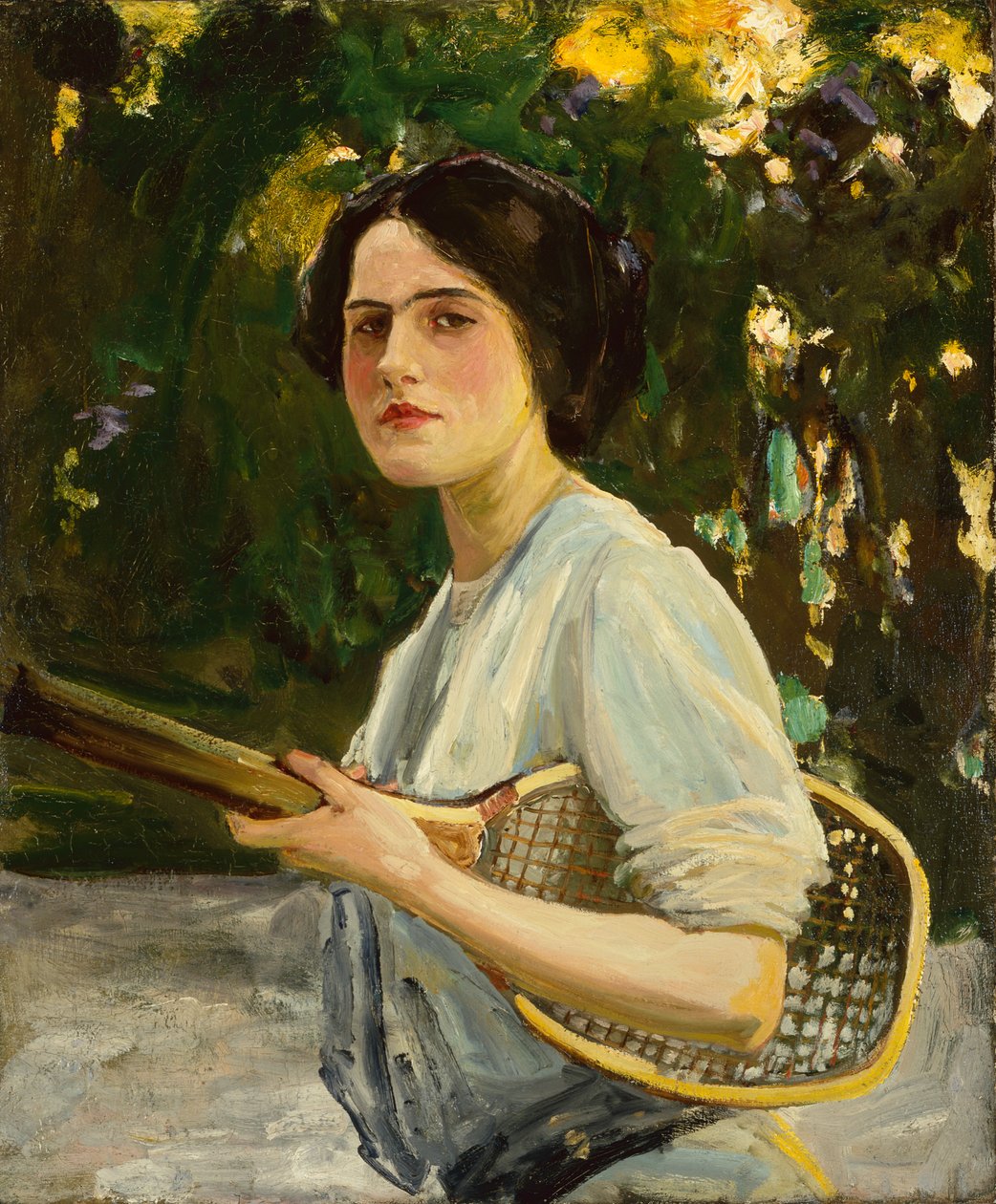 Eileen Lavery met een tennisracket door John Lavery