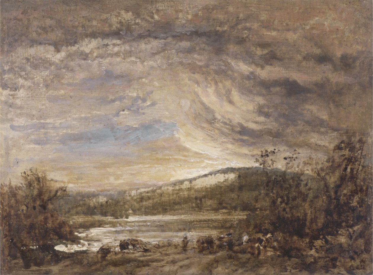 Een Rivierlandschap, Zonsondergang door John Linnell