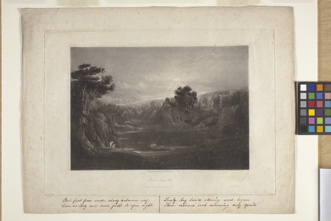 Paradijs - Adam en Eva - De ochtendzang (mezzotint) door John Marin