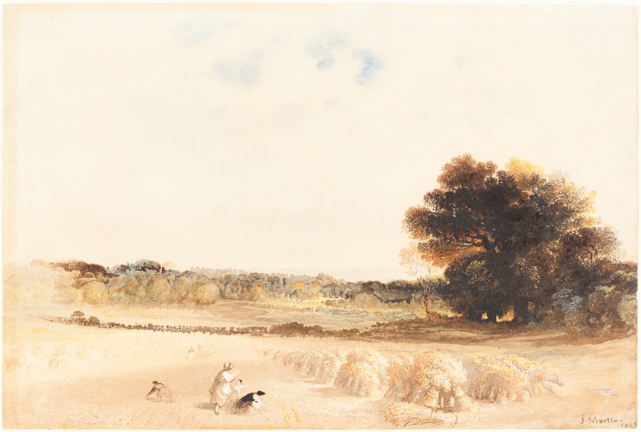 Arenlezers op het korenveld door John Martin