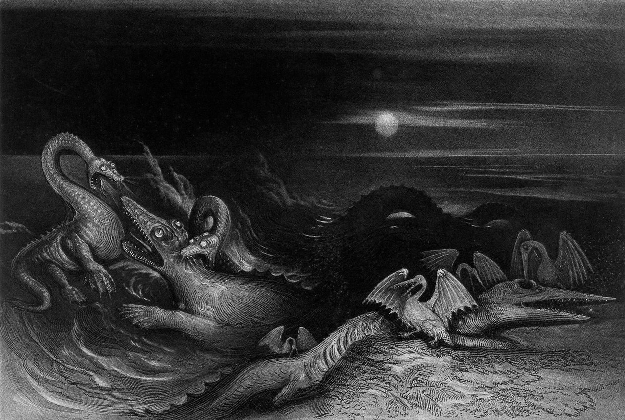 Plesiosaurus vecht tegen Temnodontosaurus (Oligostinus), 1840 door John Martin