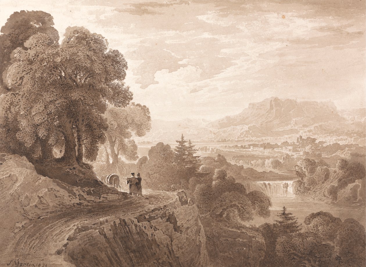 Reizigers op een weg boven een rivier door John Martin