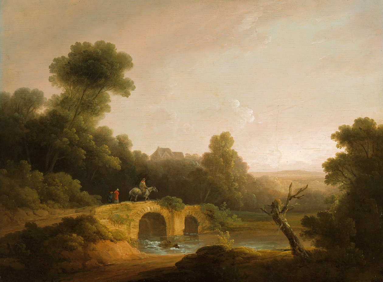 Landschap met figuren die een brug oversteken, 1790-1800 door John Rathbone