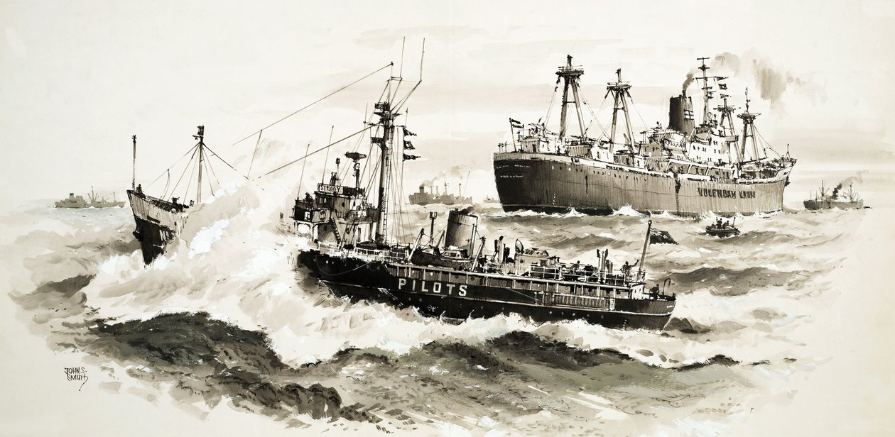 Ongeïdentificeerd schip en loodsboot door John S. Smith