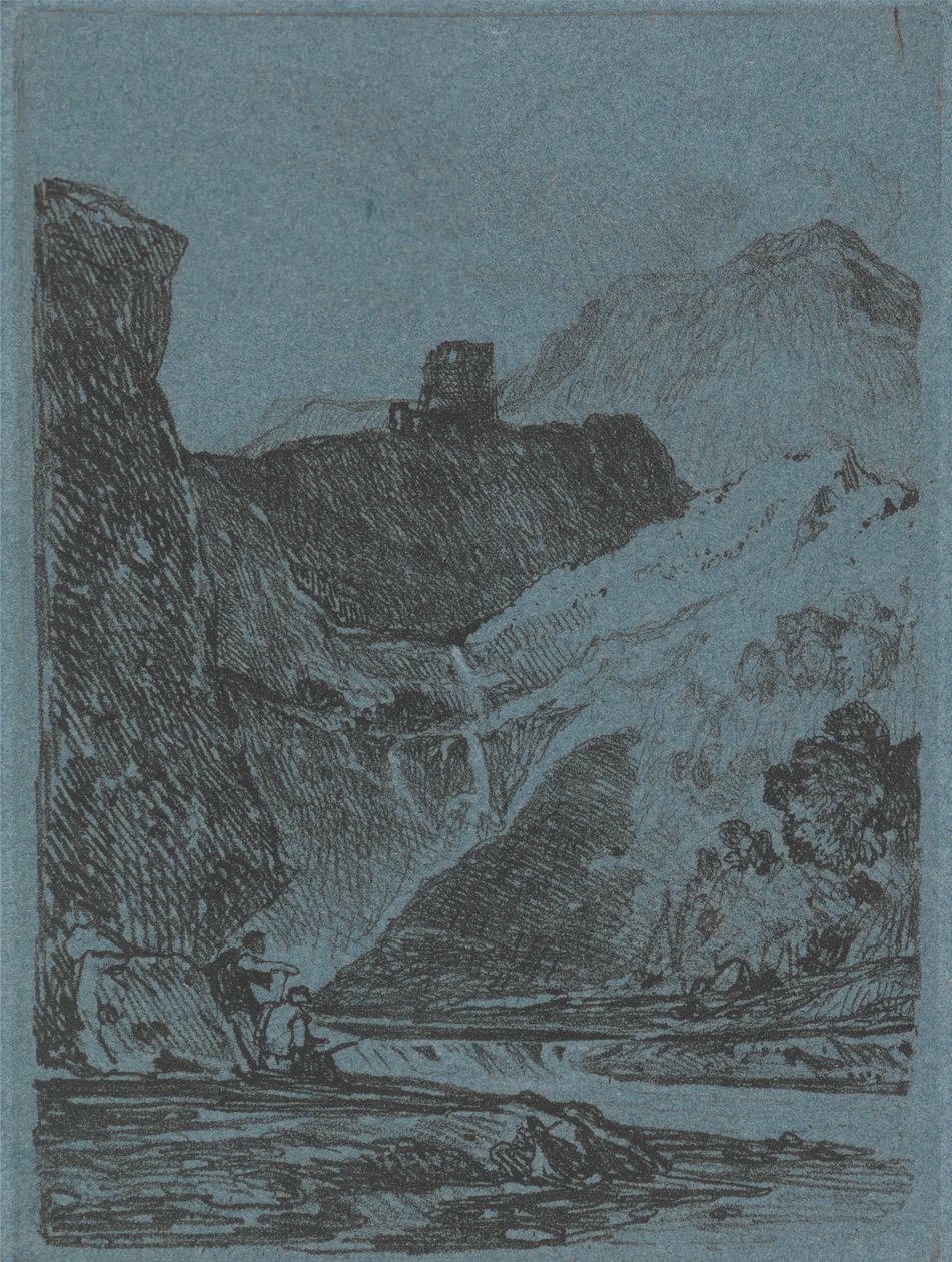 Kasteel boven een waterval door John Sell Cotman