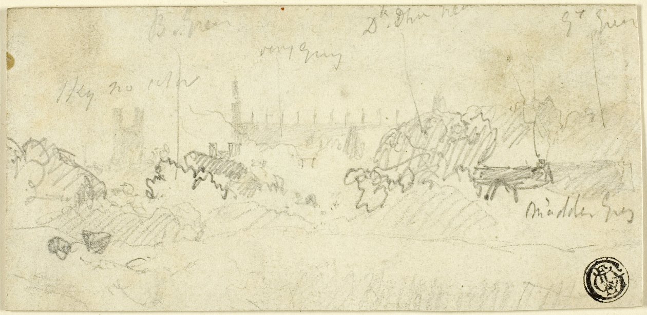 Schets van landschap met kathedraal door John Sell Cotman