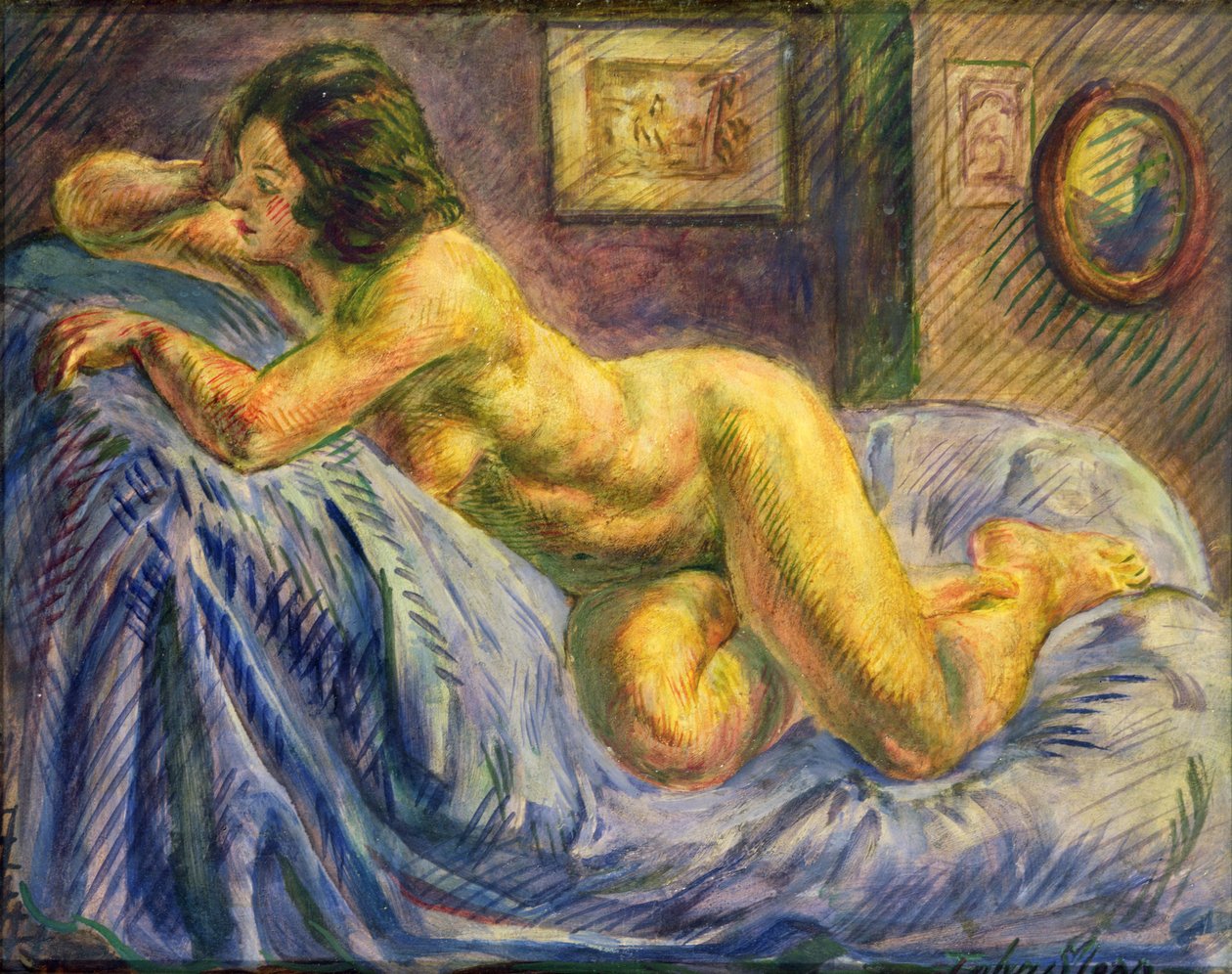 Naakt op blauw (olieverf op paneel) door John Sloan