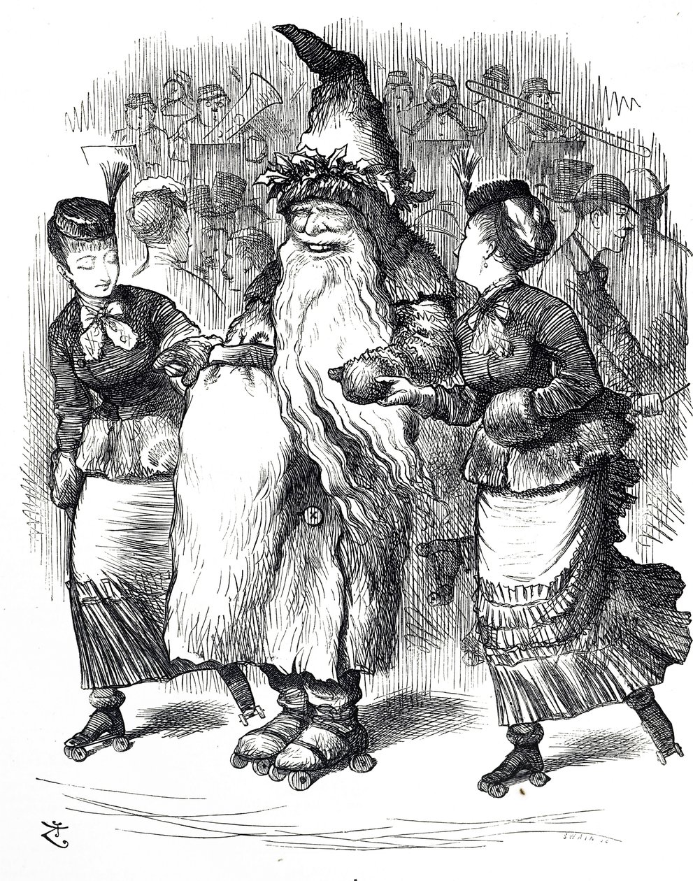 Cartoon die de Kerstman toont op rolschaatsen door John Tenniel