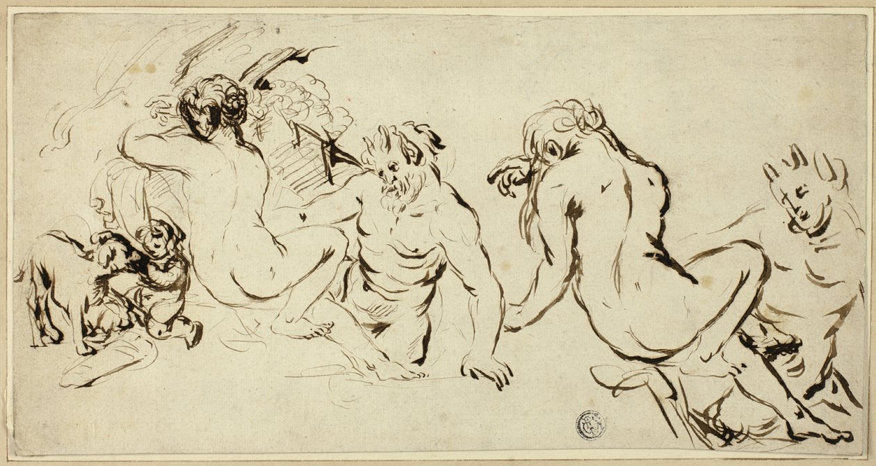 Schetsen van nimf, sater en putto door John Vanderbank