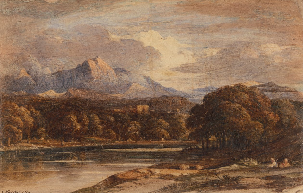Bergachtig landschap met meer door John Varley