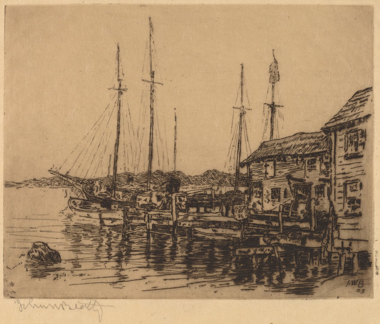 Vissersboten langs de kade, Noank, Conn. door John Wesley Beatty