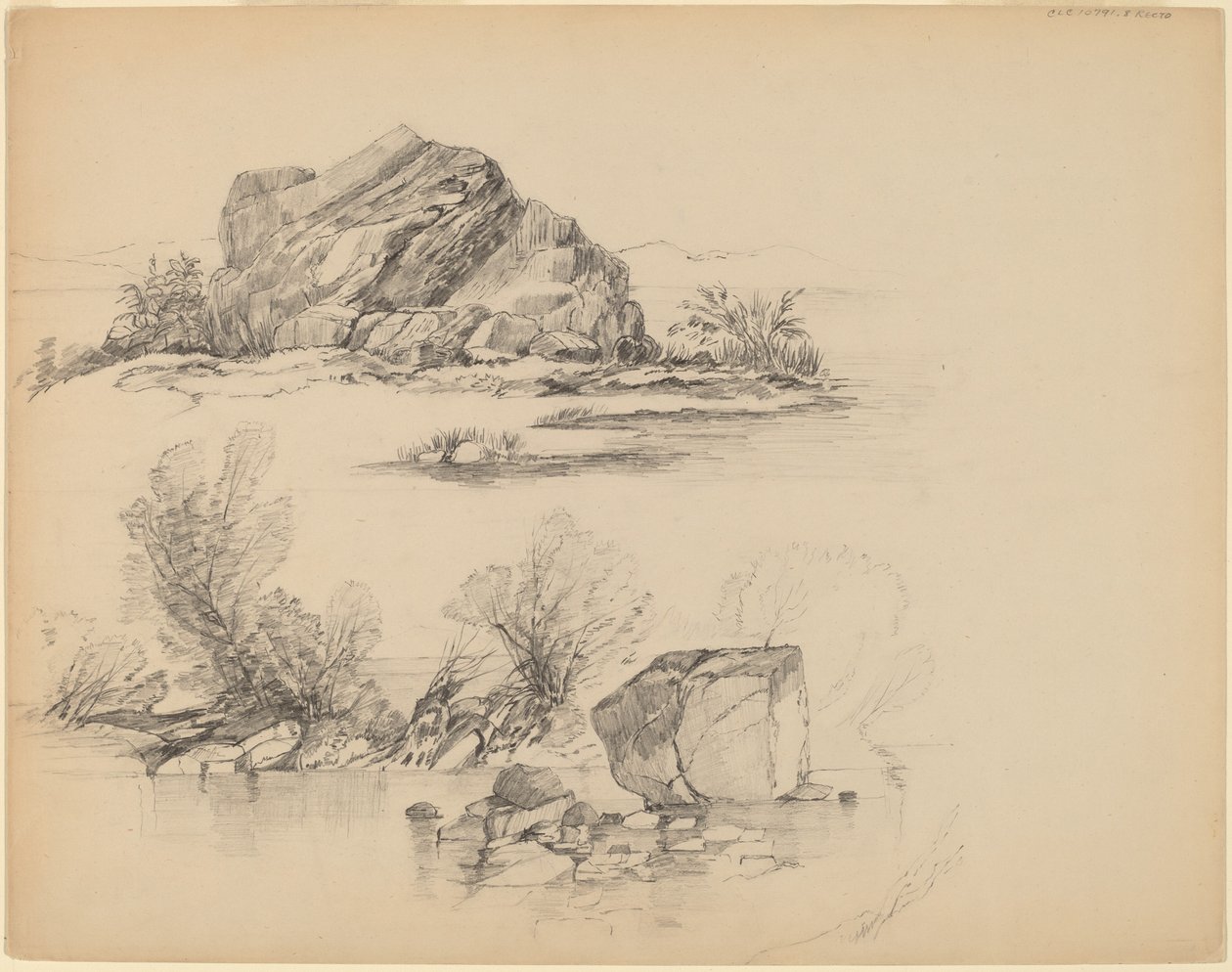 Rotsen Langs een Meer [recto] door John William Casilear