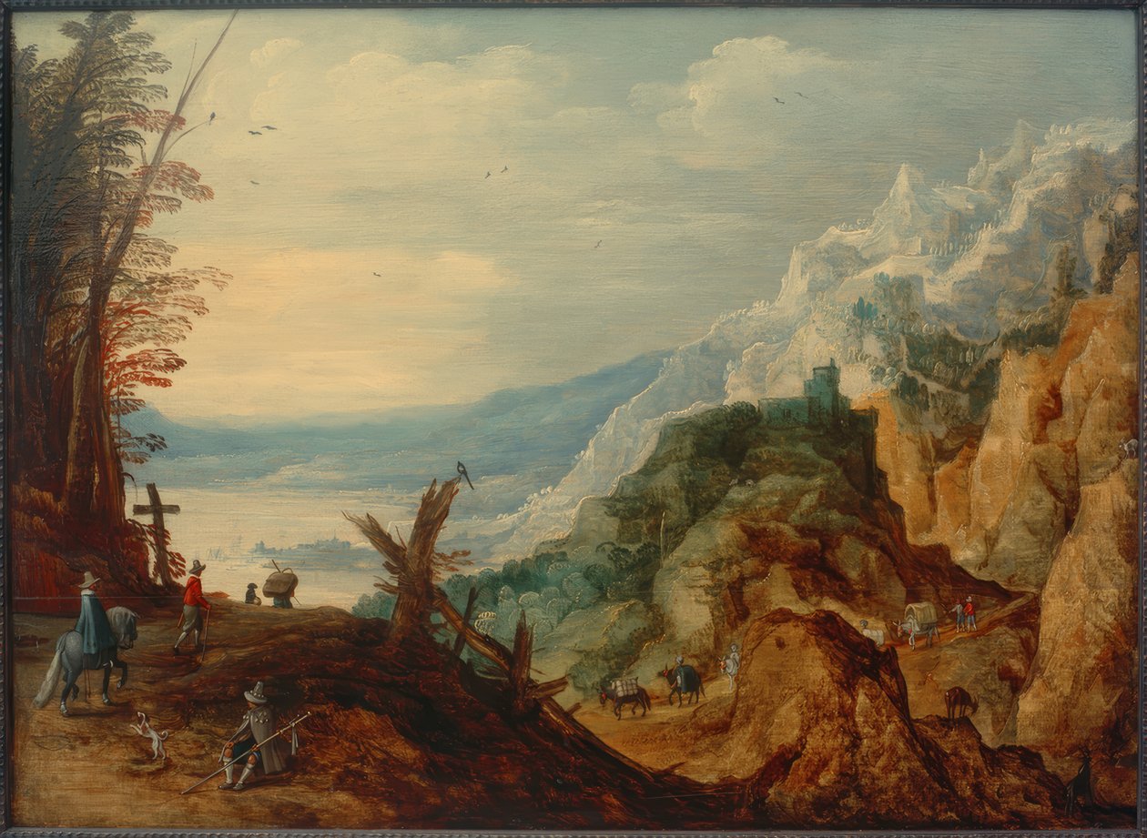 Berglandschap met reizigers door Joos de Momper