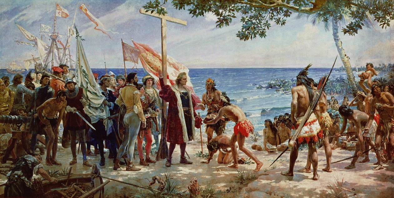 De ontscheping van Christoffel Columbus op het Eiland Guanahani in 1492, c.1890 door Jose Garnelo y Alda