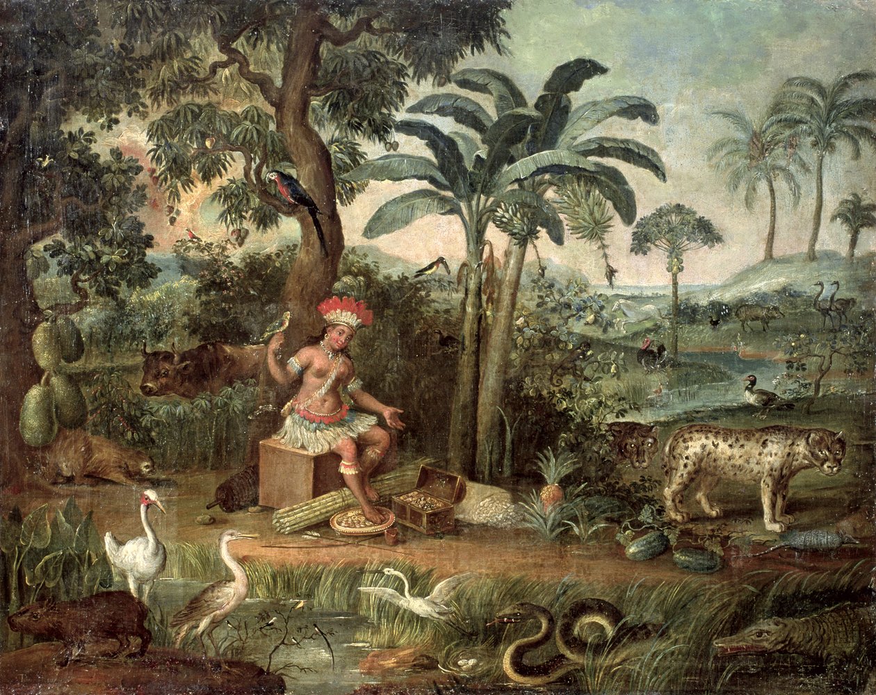 Inheemse Indiaan in een landschap met dieren door Jose Teofilo de Jesus