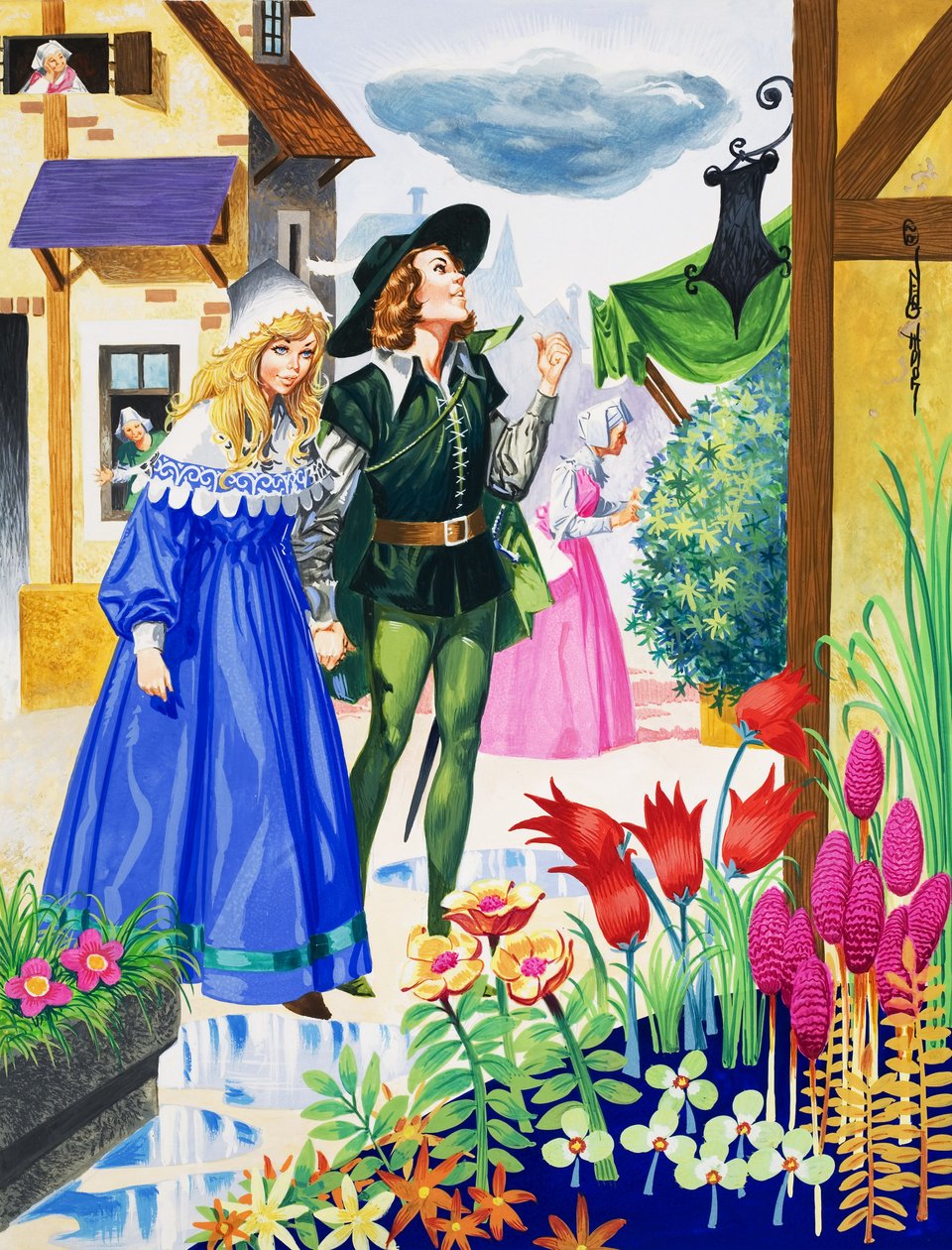 Paar bewondert bloemen (gouache op papier) door Jose Ortiz