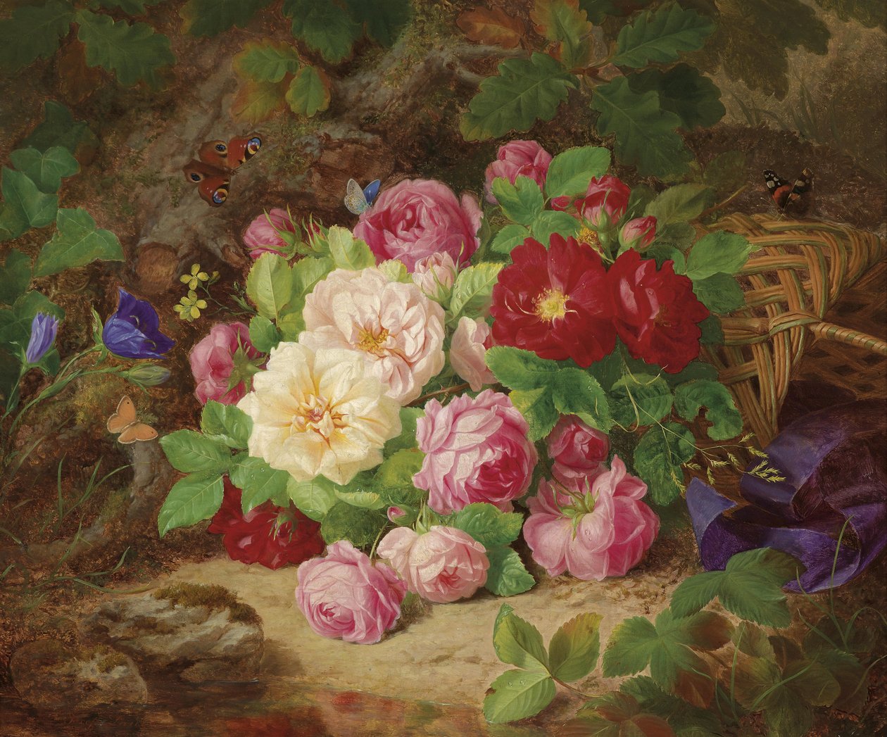 Rozenstuk op de bosgrond met vlinders, mand en blauw lint door Josef Lauer