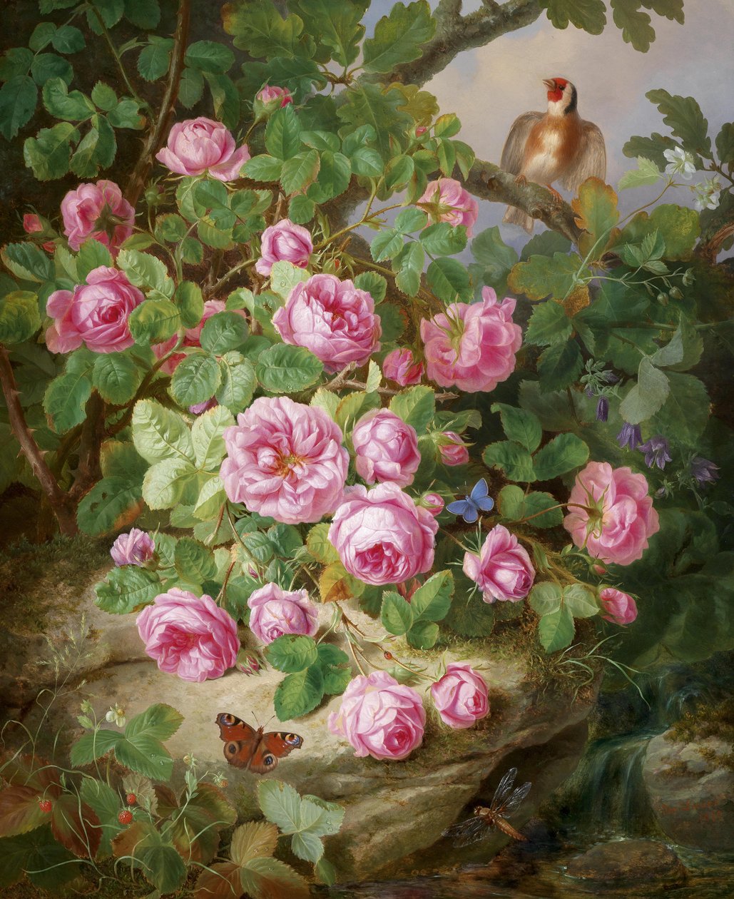 Rozenstilleven met vlinders en vogel door Josef Lauer
