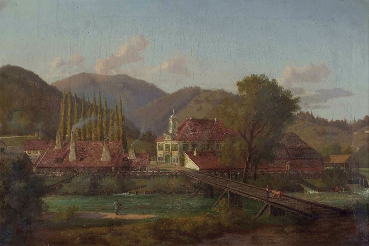 Fabrieksgebied aan een rivier door Josef von Schlogl