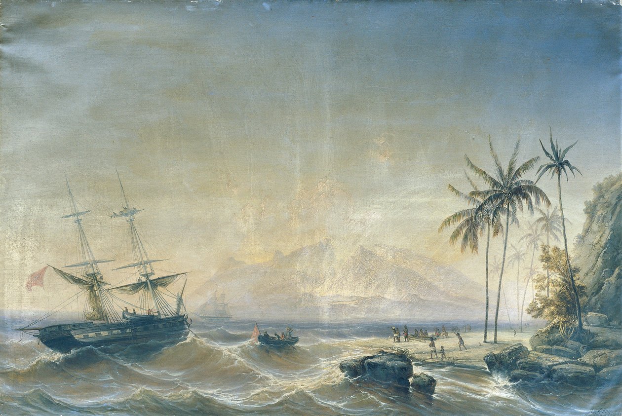 Oorlogsschip voor de Zuidzee-eilanden door Josef Carl Berthold Püttner