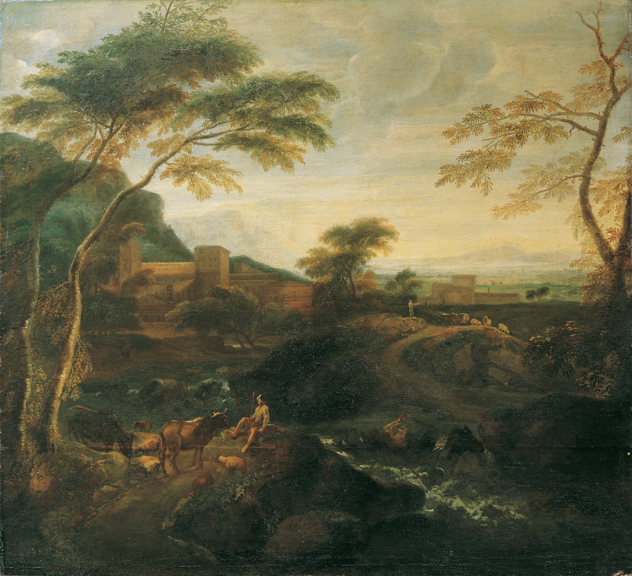Landschap met grazende koeien door Josef Faistenberger