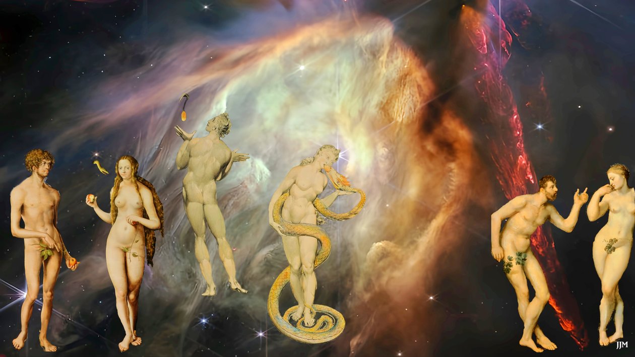 JJM-hercreatie: Blake-Cranach-Rubens_De Verleiding+JWST door Josef Johann Michel