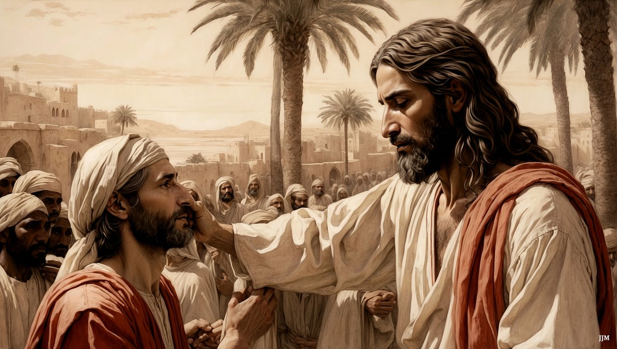 Jezus geneest de blinde bedelaar door Josef Johann Michel