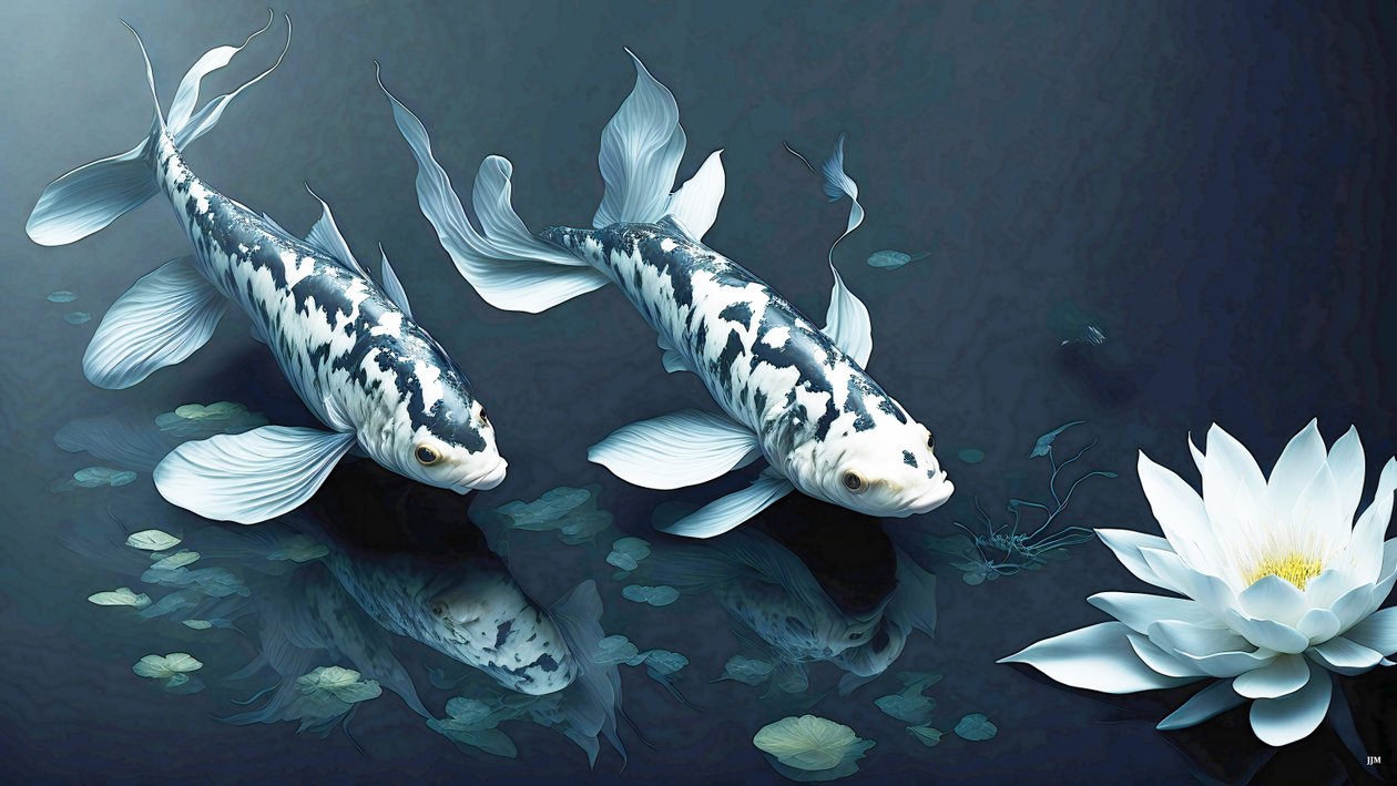 inkt schilderij: Koi-karper witte marmer 02 door Josef Johann Michel