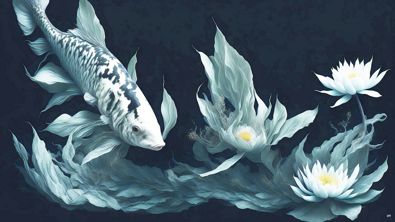 inkt schilderij: Koi-karper witte marmer 03 door Josef Johann Michel