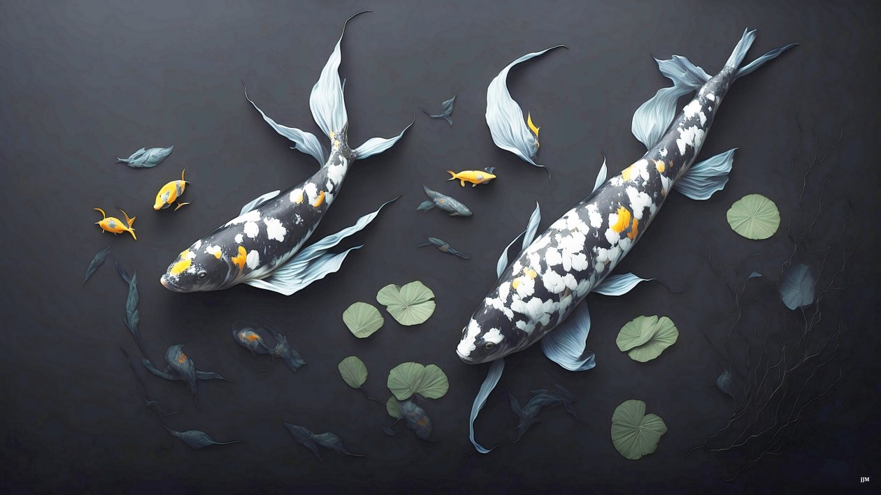 inkt schilderij: Koi-karper witte marmer 05 door Josef Johann Michel