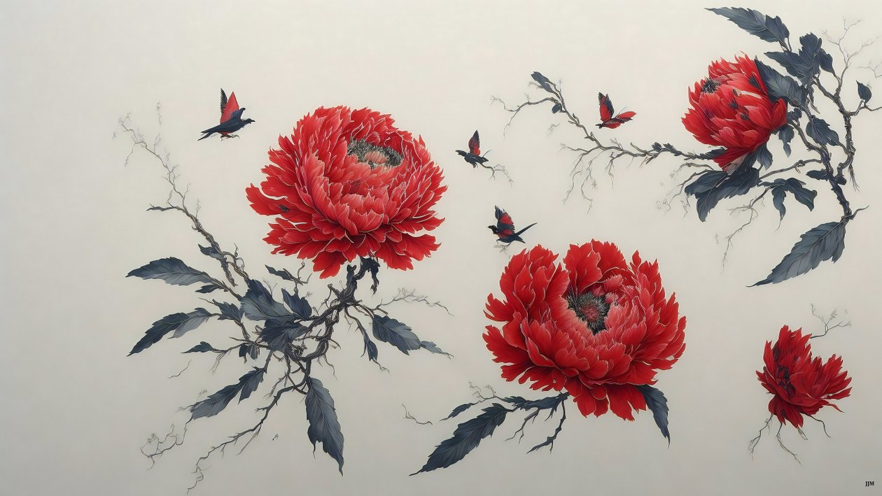 inkt schilderij: Pioen in rood 01 door Josef Johann Michel