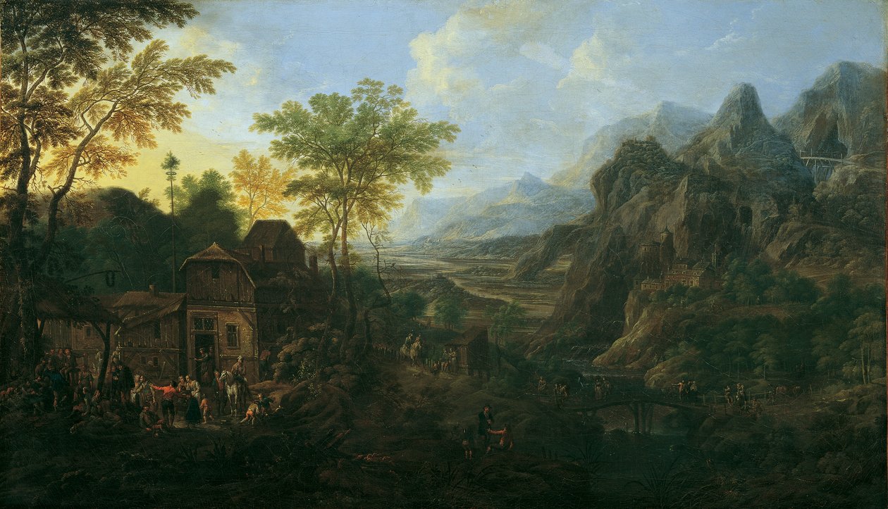 Ideaal landschap met boerenkermis door Josef Orient