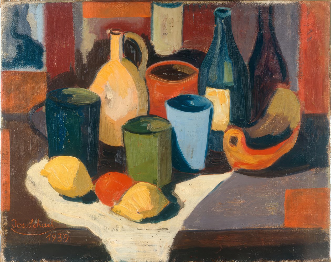 Stilleven met kannen en fruit door Josef Scharl