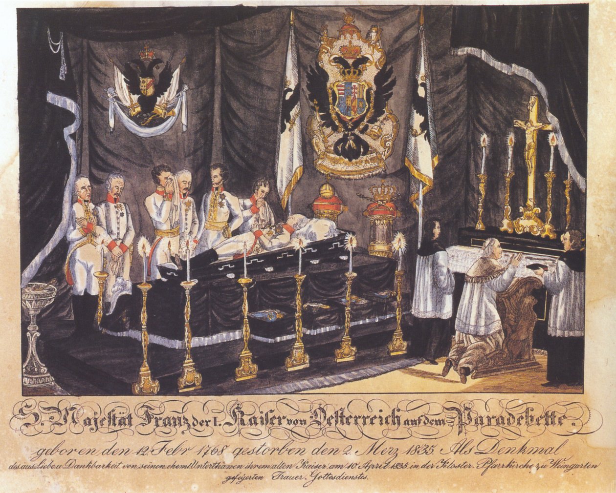 Zijne Majesteit Franz I, keizer van Oostenrijk op het paradebed, gekleurde lithografie, 1835 door Joseph Bayer