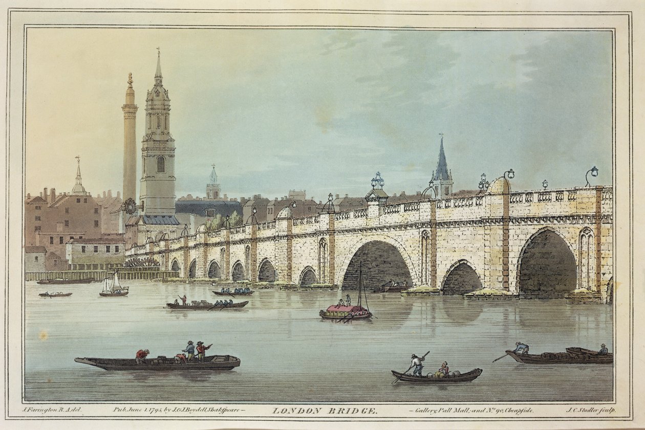 Uitzicht op de oude London Bridge door Joseph Farington