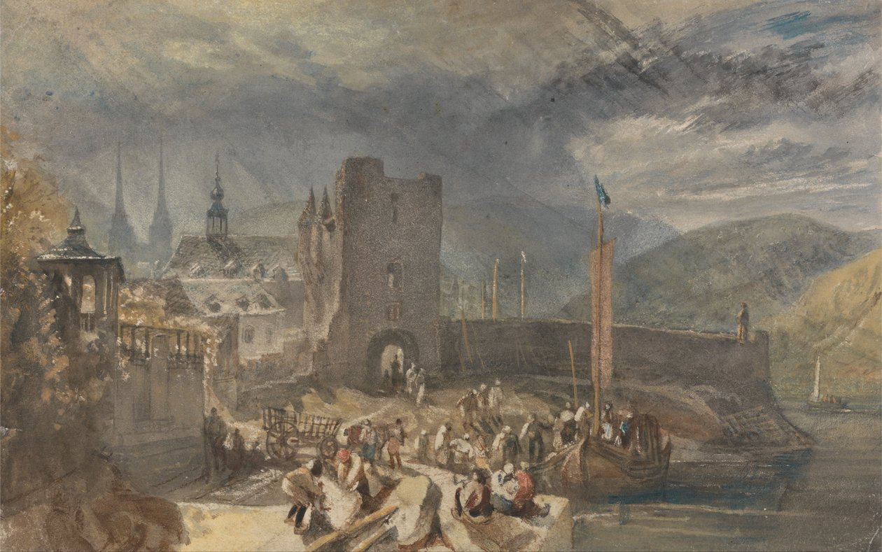 Een Uitzicht op Boppart, met Figuren aan de Rivieroever door Joseph Mallord William Turner