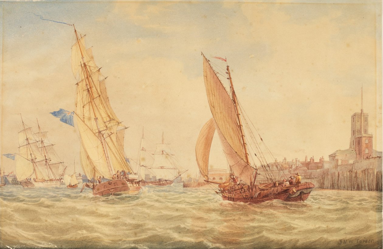 Drie oorlogssloepen en een vissersboot die de haven van Portsmouth binnenvaren, c.1800-30 door Joseph Mallord William Turner