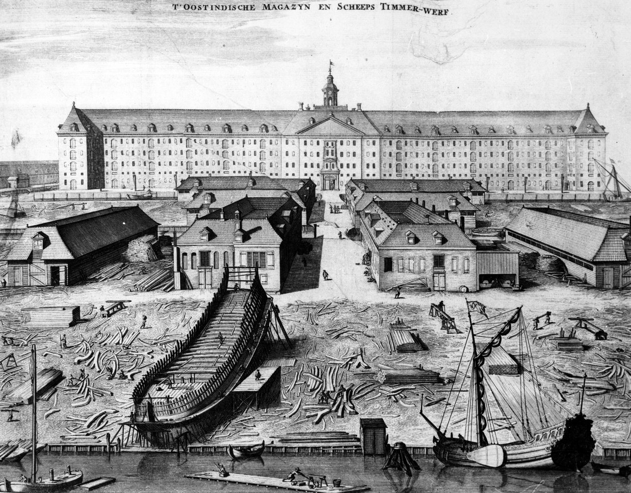 Scheepswerf en Magazijn van de Oost-Indische Compagnie in Amsterdam, 1725 door Joseph Mulder