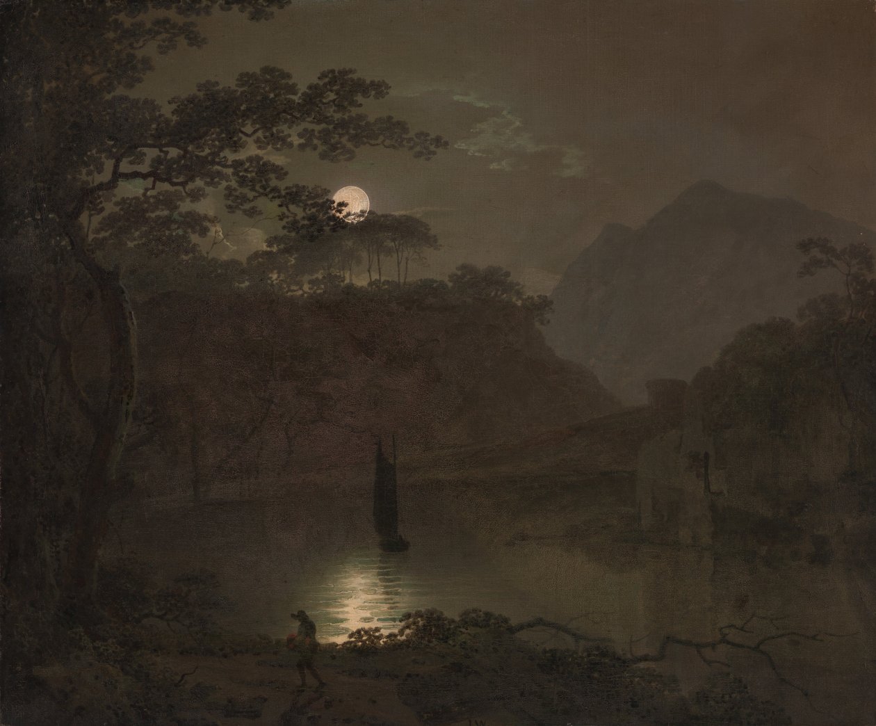 Een meer bij maanlicht door Joseph Wright of Derby