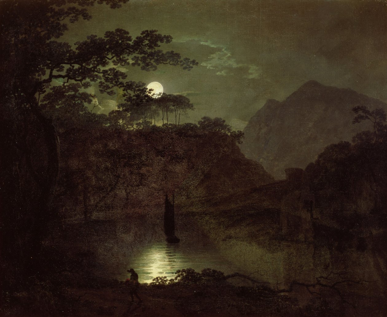 Een meer bij maanlicht door Joseph Wright of Derby