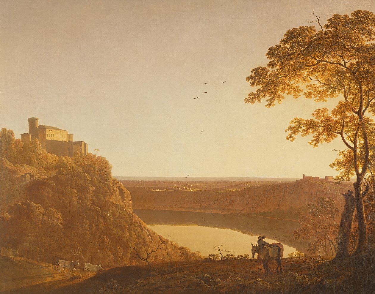 Meer van Nemi bij zonsondergang, ca. 1790 door Joseph Wright of Derby