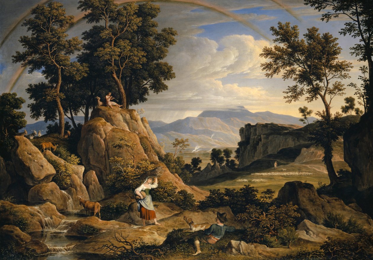 Landschap bij Olevano met regenboog door Joseph Anton Koch