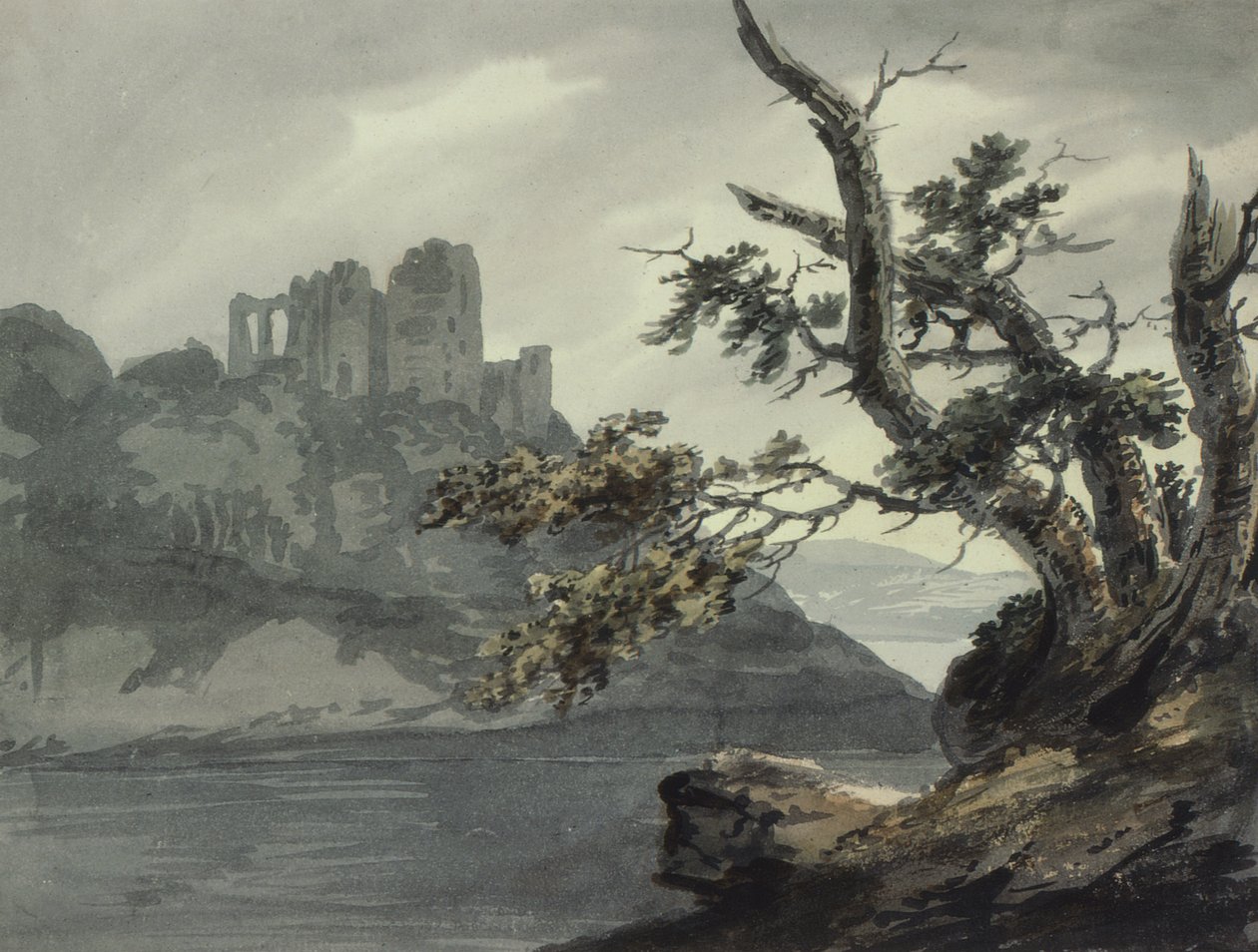 Vervallen kasteel bij een rivier door Joseph Barber