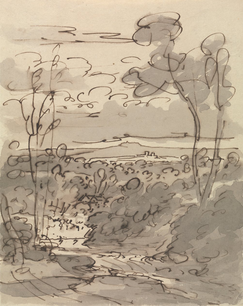 Bomen en Heuvelachtig Landschap door Joseph Farington