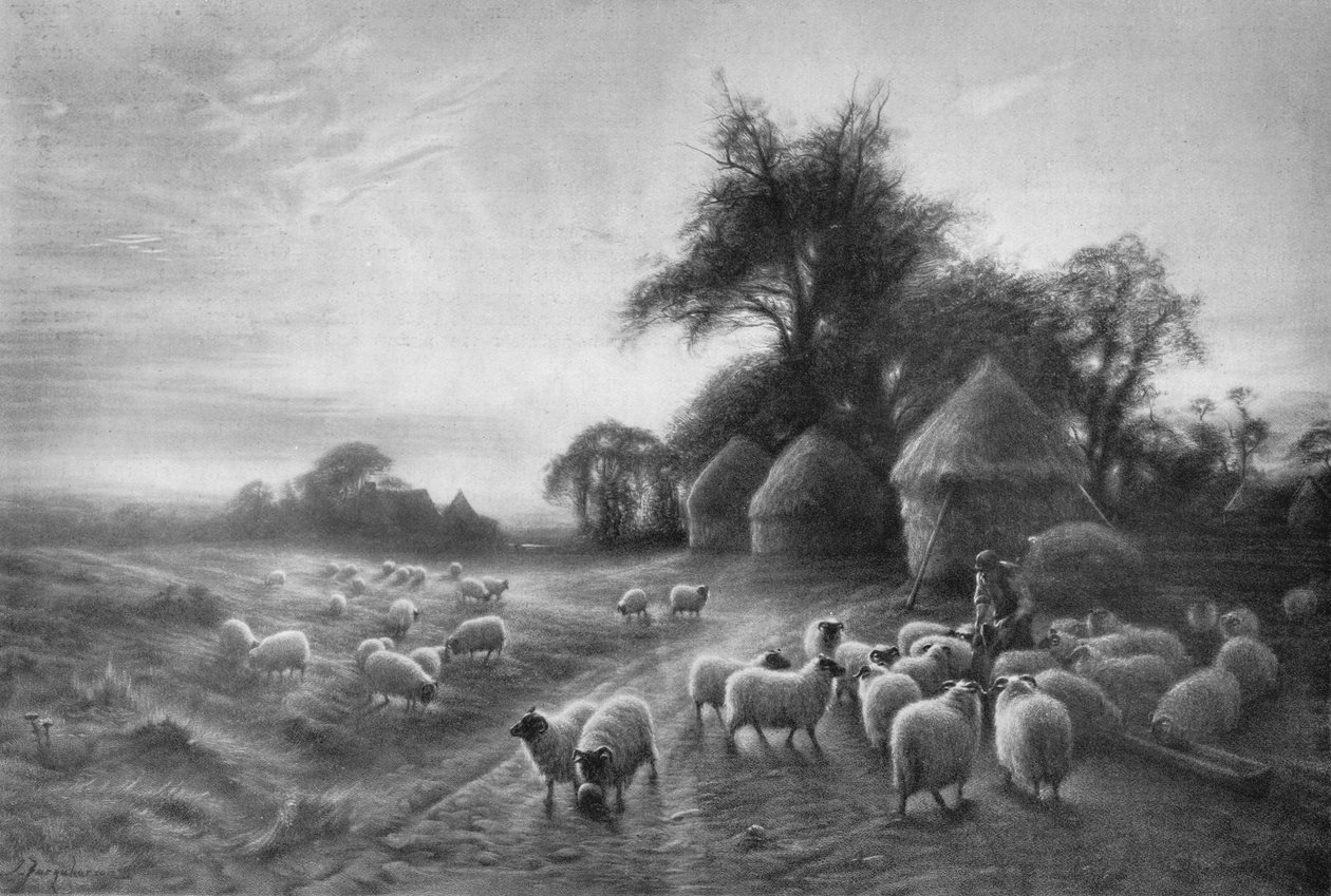 Schapen voeren, ca. 1890, 1911 door Joseph Farquharson